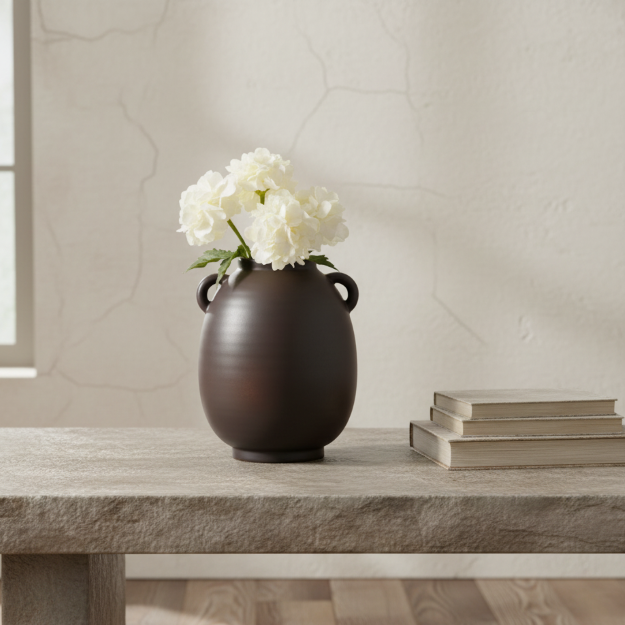 Capri Double Handle Ceramic Oval Urn Vase | Matte Brown